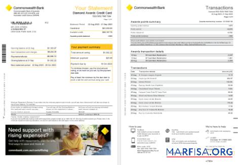 Printable Australia NSW Commonwealth bank Diamond Awards Credit card statement word template